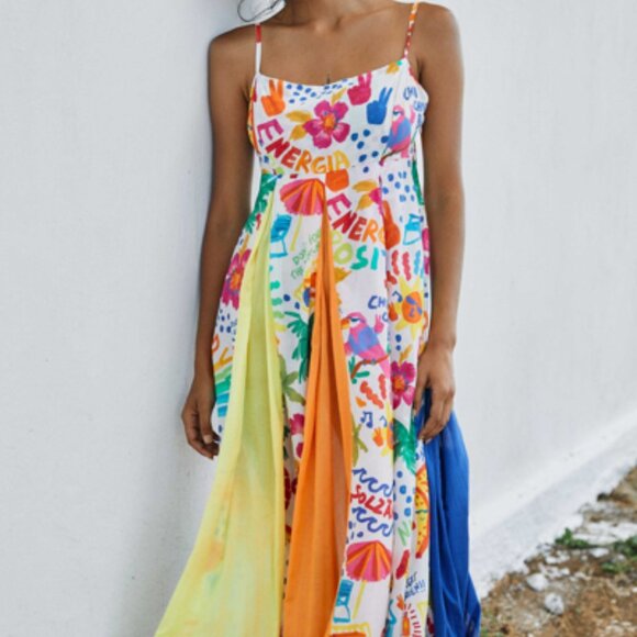 FARM Rio Good Vibes Maxi Dress NWT White Colorful Print Adjustable Straps Size L - Picture 1 of 3